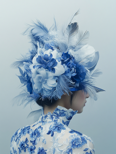 A Woman with Blue Floral Feathers