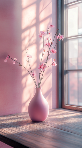 A Wooden Table with Pink Flowers and Vase
