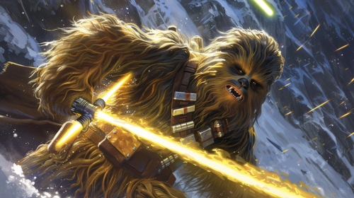 A Wookie Jedi battles Sith warrior in epic pose.