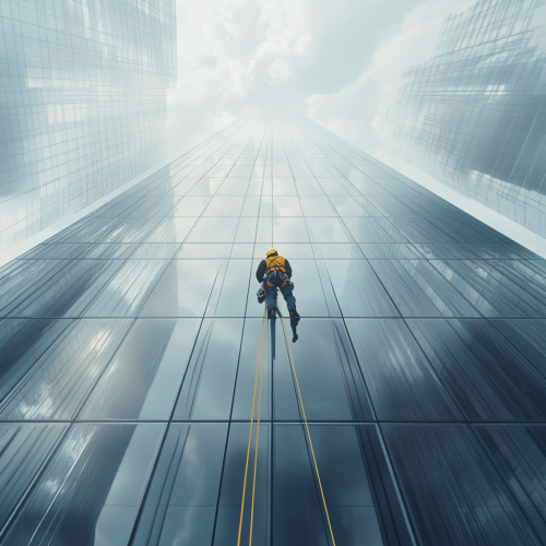 A Worker Cleaning Glass on Skyscraper