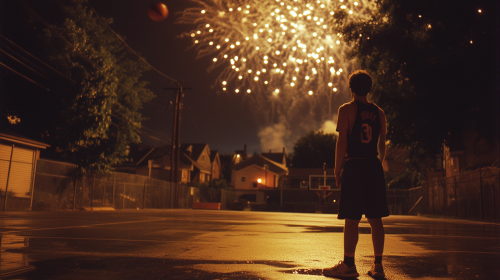 A Young Basketball Player Celebrates Victory at Night A Young Basketball Player Celebrates Victory at Night