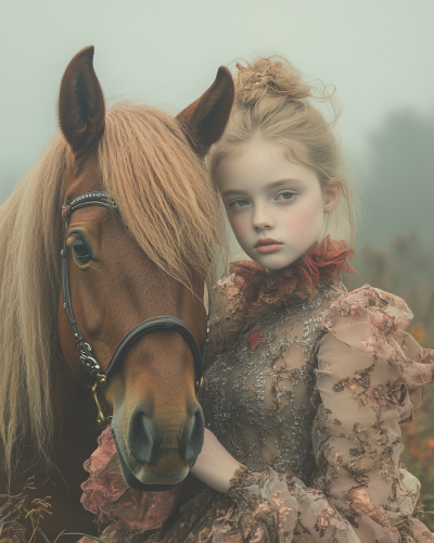 A Young Girl and Her Pony in Autumn Morning