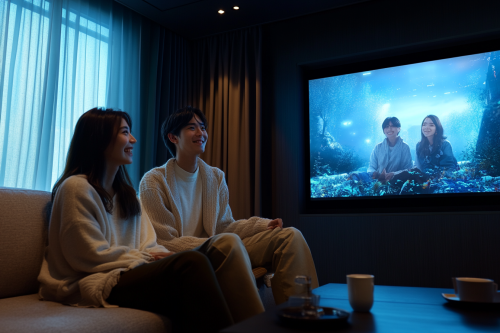 A Young Japanese Couple Watching TV in Cozy Living Room