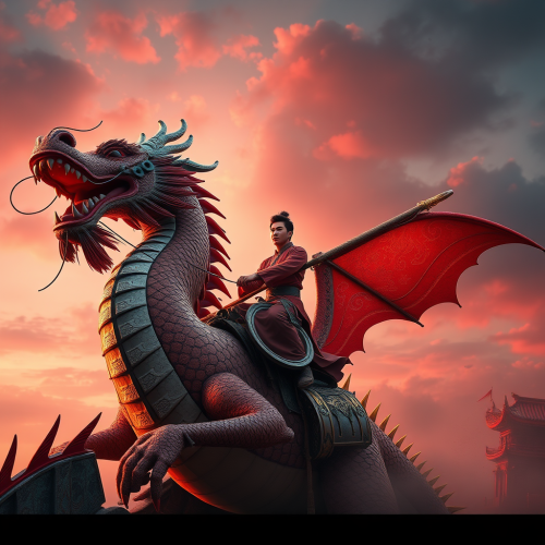 A Young Man Riding Chinese Dragon under Red Sky