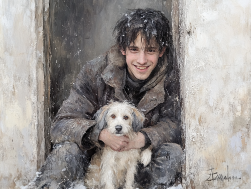 A Young Man and his Dog in Snow