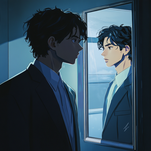 A Young Man in Suit Looking in Mirror