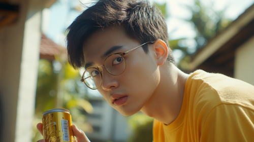 A Young Man in Yellow Shirt at Yard