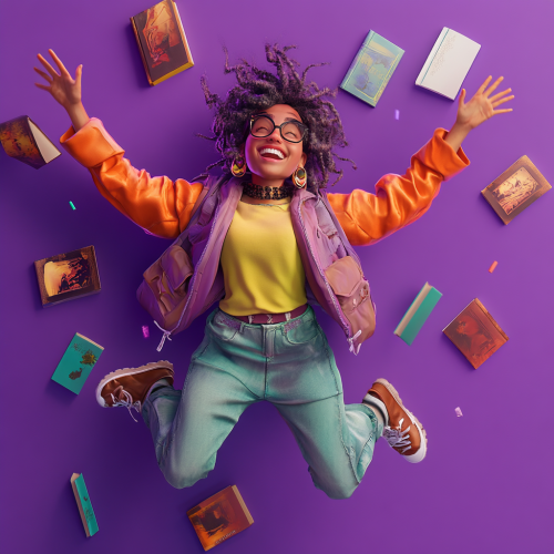 A Young Woman Flying with Fantasy Books