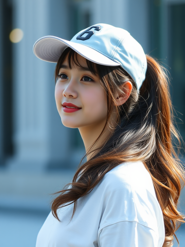 A Young Woman with Ponytail Wearing a Cap