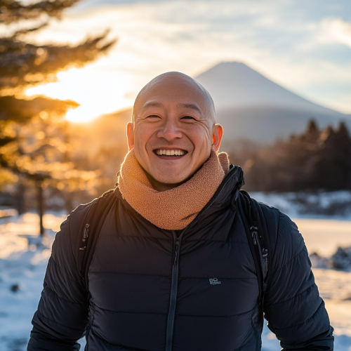 A bald person smiles in winter sunrise photo