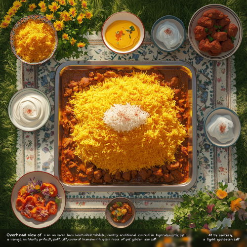 A beautiful Iranian lunch spread on grassy lawn