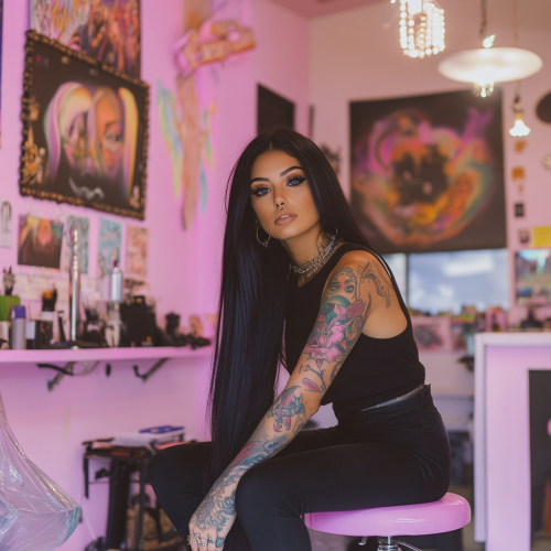 A beautiful girl with tattoos doing a tattoo