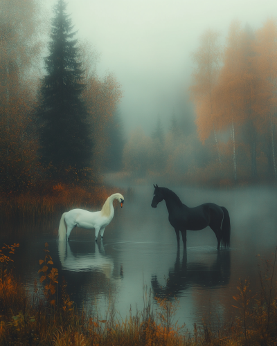 A beautiful morning dance by swans and horses