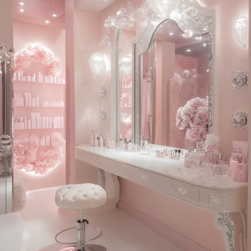 A beautiful pink bedroom with silver and white accents