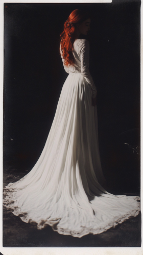 A beautiful red-haired woman in white gown