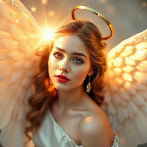 A beautiful shiny female angel in the sky.