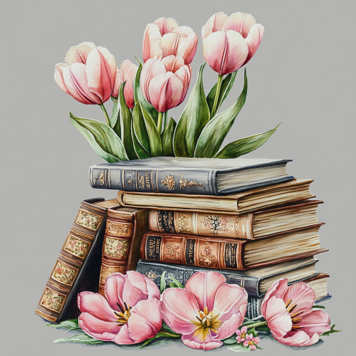 A beautiful stack of books with tulip petals A beautiful stack of books with tulip petals