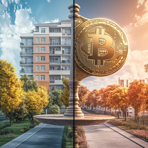 A big Bitcoin symbol and building scale