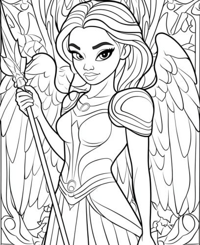 Coloring book of An angel with sword in hand.