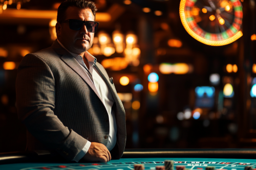 A big pit boss in suit by table casino.