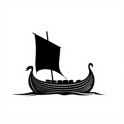 A black and white Viking longship silhouette.
