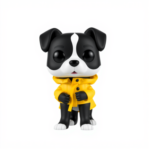 A black and white dog in yellow coat.