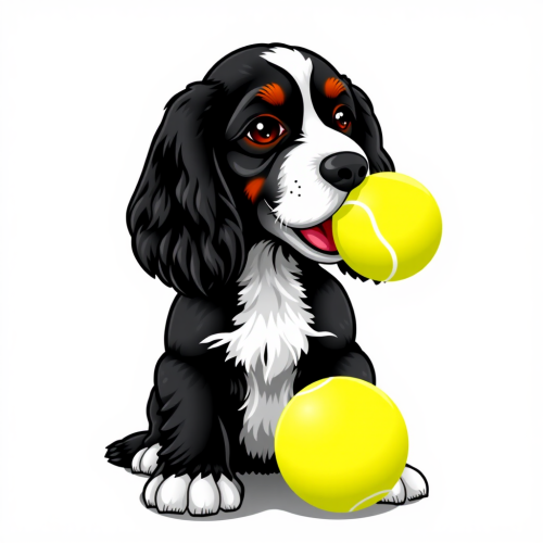 A black and white dog playing with ball.