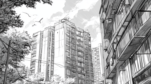 A black and white drawing of city apartments