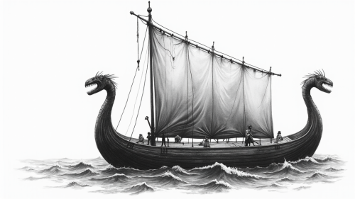 A black and white sea monster and a Viking boat.