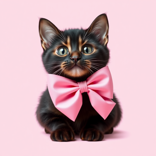 A black cat with a pink bow on head.