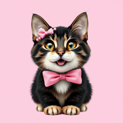 A black cat with pink bow smiles.
