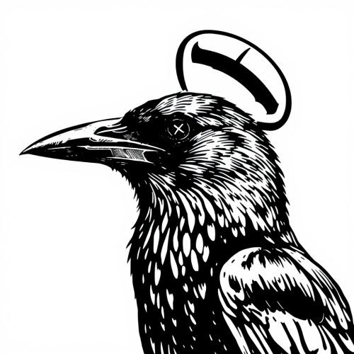 A black crow with X eyes and broken halo.