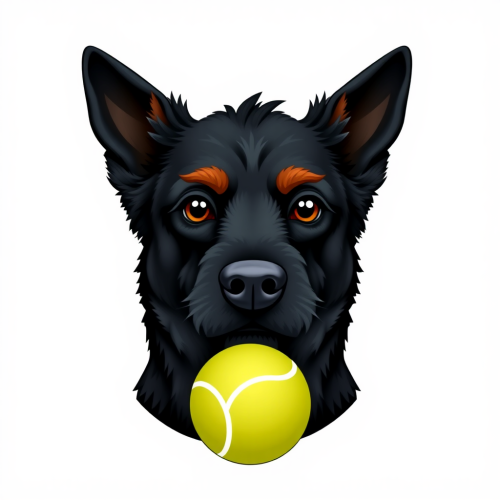 A black dog with brown eyebrows play tennis.