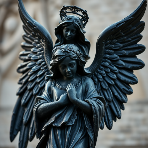 A black gothic angel statue stands tall.