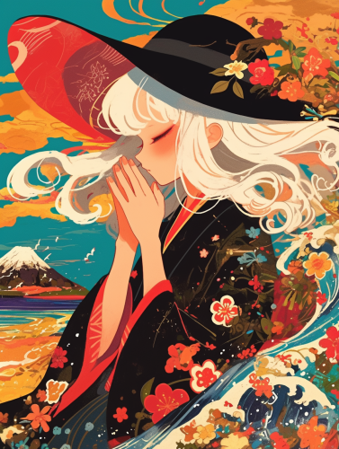 A blonde girl praying to Japanese nature god