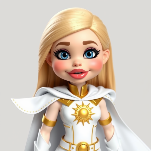 A blonde superhero girl in white and gold costume.