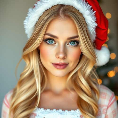 A blonde woman in festive Christmas attire.