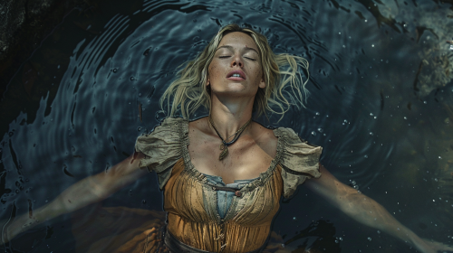 A blonde woman in old dress in dark.