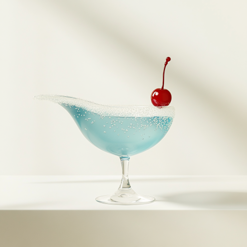 A blue cocktail with bubbles and cherry.