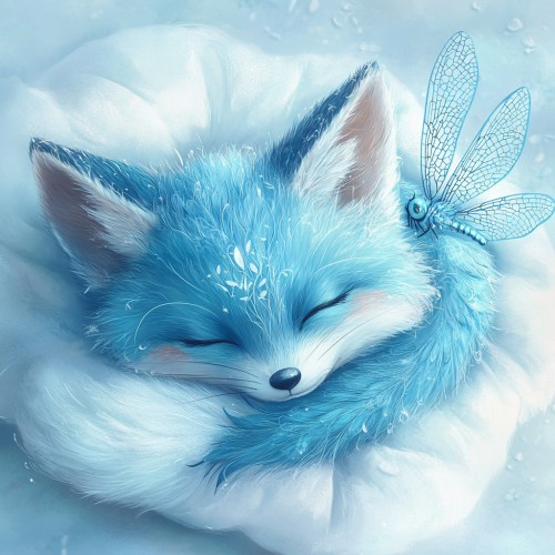 A blue fox sleeping on cloud with wings