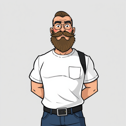 A bodyguard with beard and mustache stands proudly.