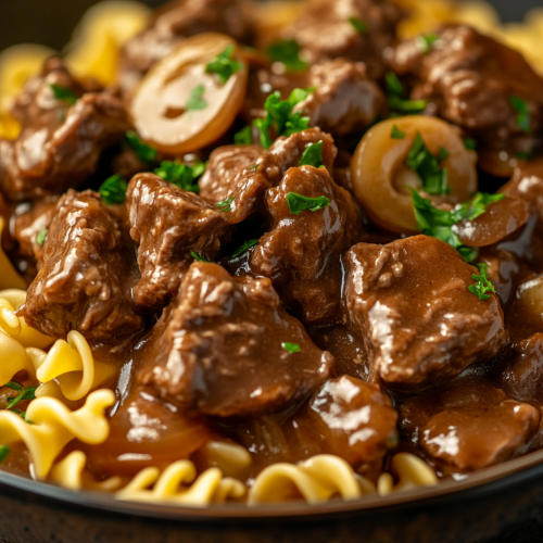 A bowl of savory Crockpot Beef Tips & Noodles