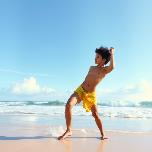 A boy wearing swim trunks at the beach. A boy wearing swim trunks at the beach.