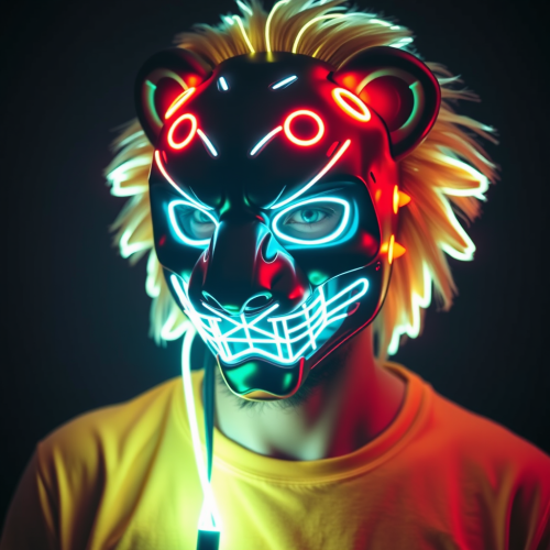A boy with lion mask and LED light.