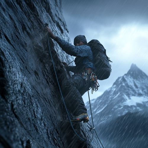 A brave climber conquers a stormy cliff