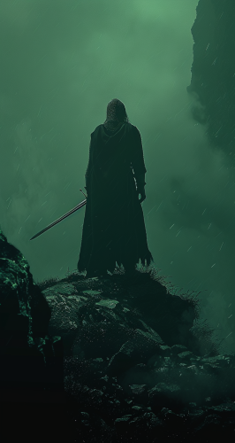 A brave knight with sword on hill