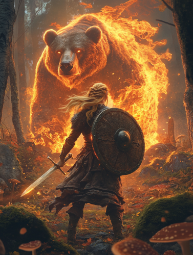 A brave viking girl fights a glowing bear