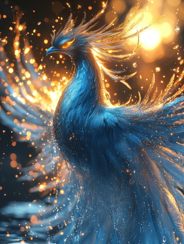 A breathtaking blue phoenix emerging from crystal water