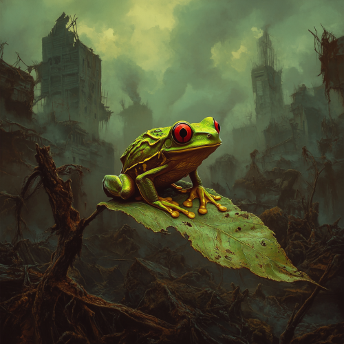 A bright green frog sits on a leaf.