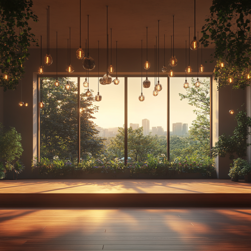 A bright performance room with stage and plants.